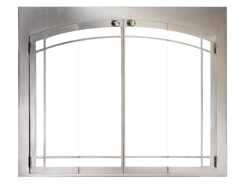 Brushed metal fireplace doors with arched glass panels, and simple vertical and horizontal bars.