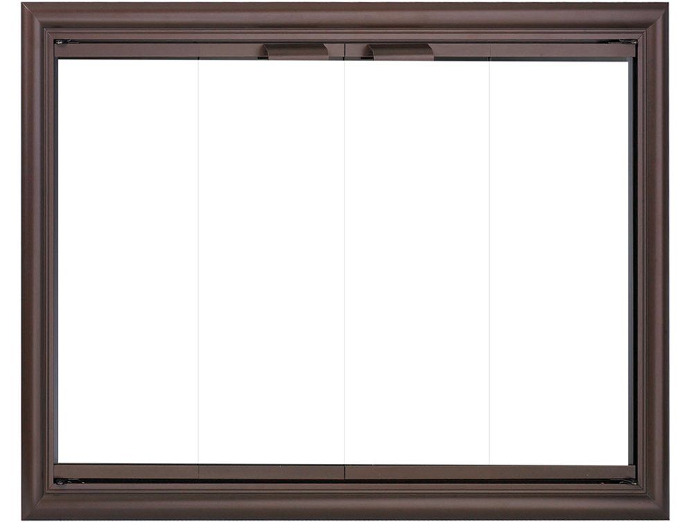 Brown framed fireplace glass doors.