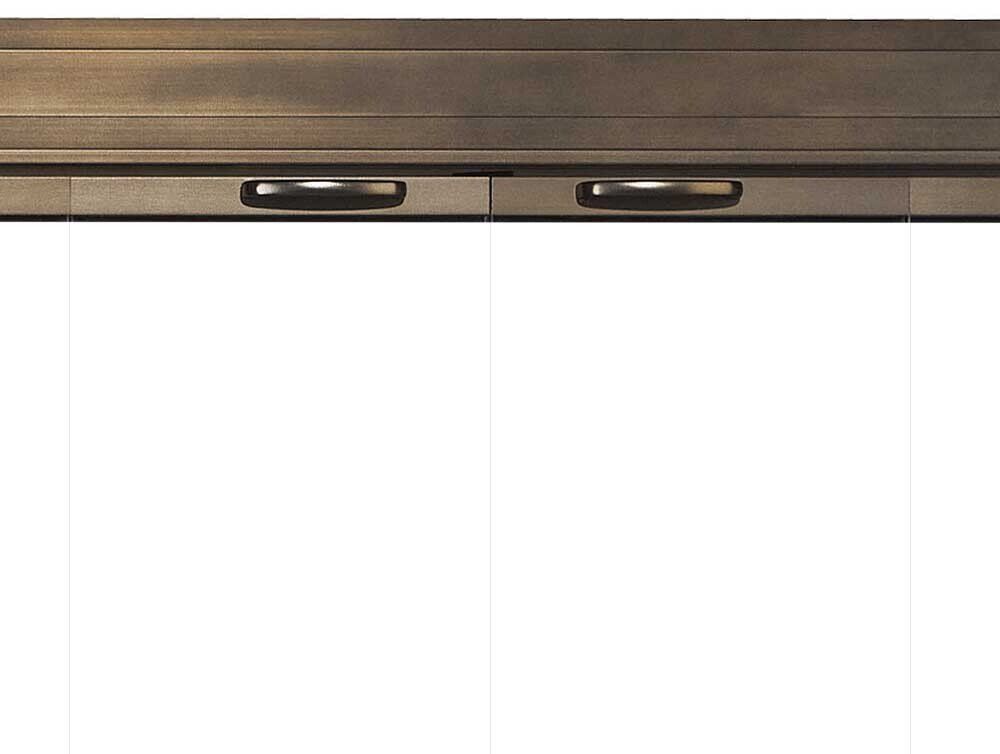 Bronze-colored cabinet with two handles, over white empty space.