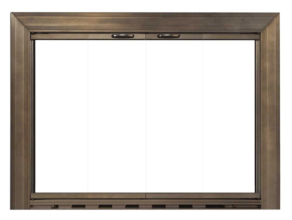Bronze fireplace door with two glass panels.