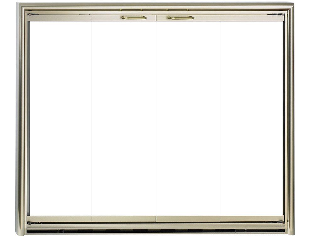 Silver fireplace door with four clear glass panels.