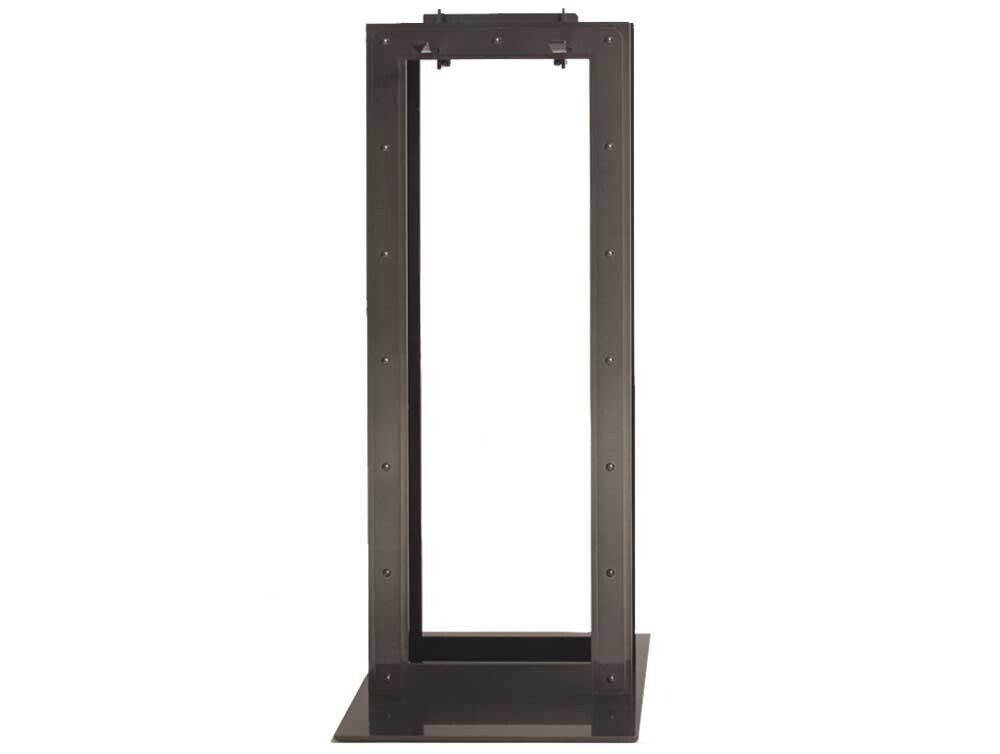 Black metal equipment rack, rectangular frame design, with base for standing.