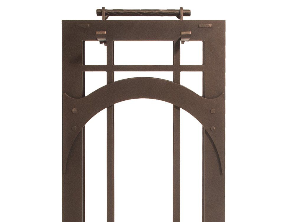 Brown metal archway with a handle.