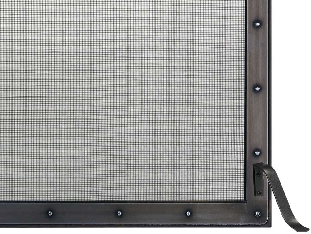 Fireplace screen with a metal frame and mesh, featuring a handle.