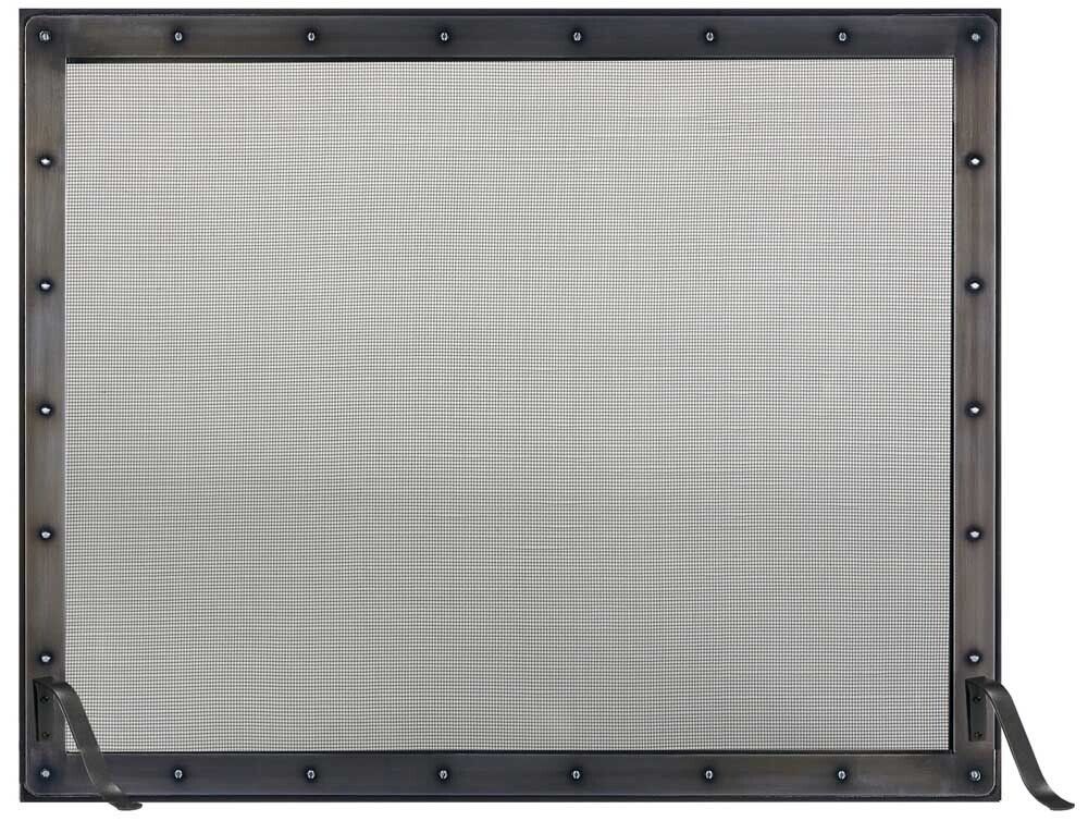 Rectangular fireplace screen, gray mesh within a dark metal frame with rivets and curved feet.