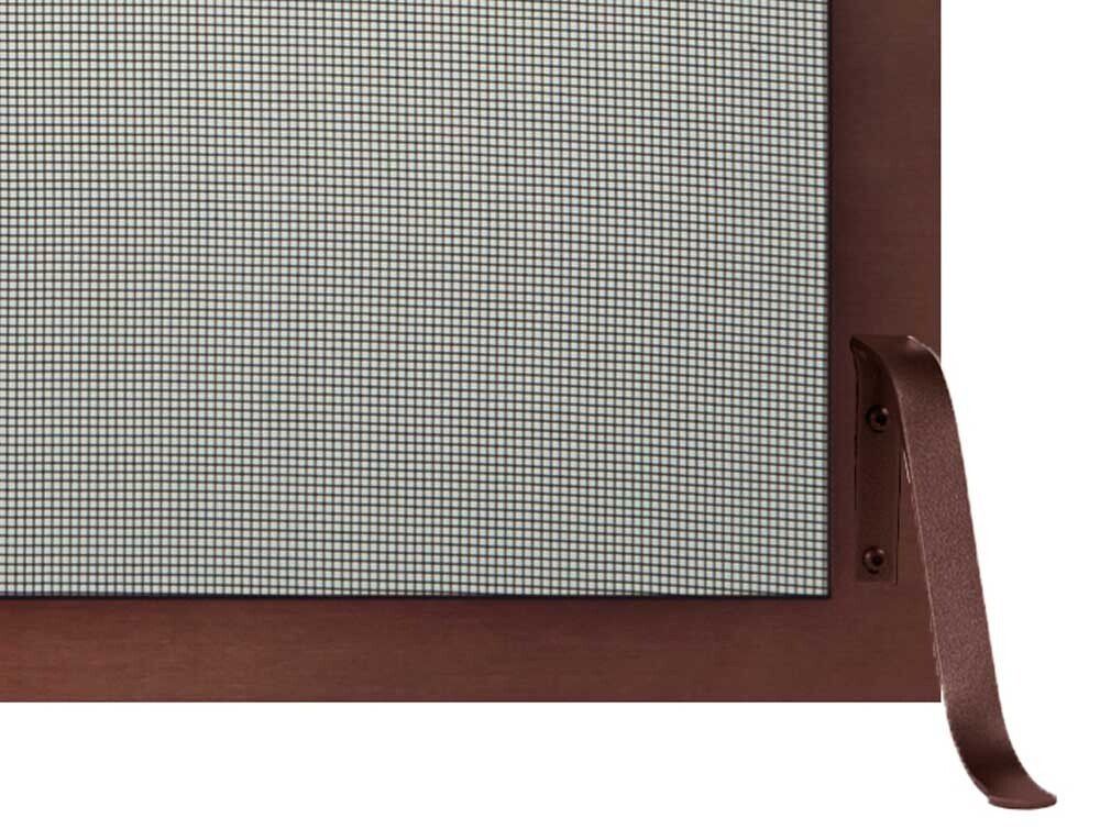 Close-up of a brown screen door with a handle. The screen is a dark gray mesh.