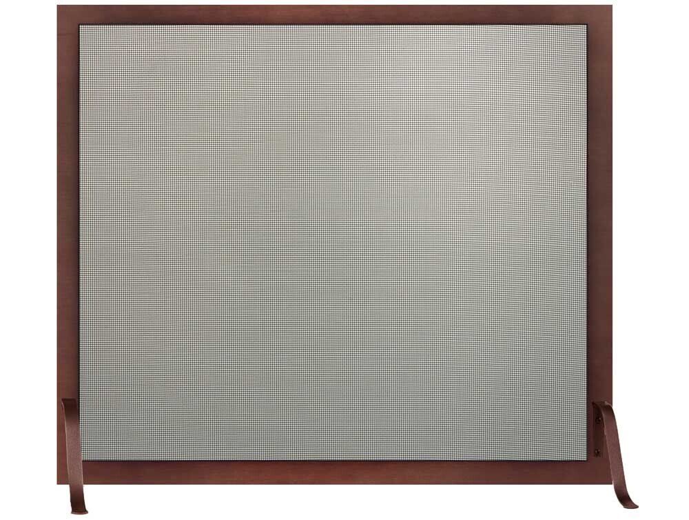 Brown framed fireplace screen with fabric panel.