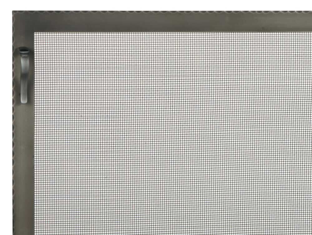 Close-up of a window screen with a dark gray frame and fine mesh, showing a latch on the side.