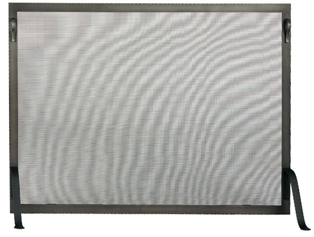 Dark gray metal mesh fireplace screen with hanging brackets and small feet.