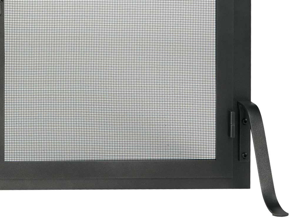 Black metal fireplace screen with mesh and a handle.