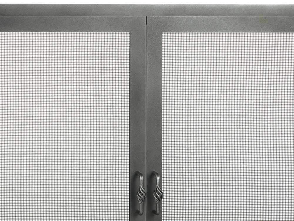 Two-door fireplace screen with a checkered mesh pattern and dark metal frame and handles.