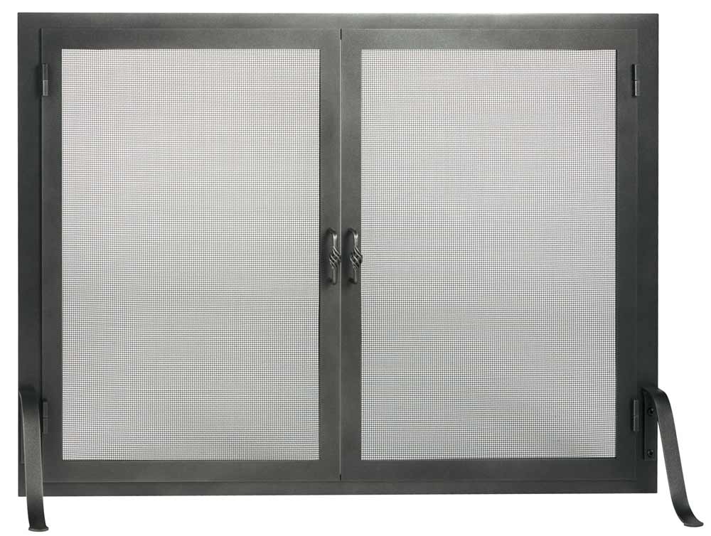 Black metal fireplace screen with hinged doors and mesh panels.