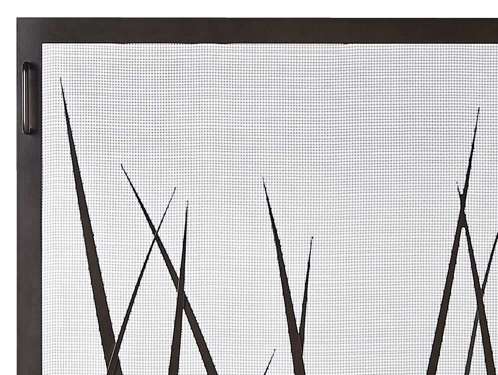 Dark bronze-framed fireplace screen with a white mesh and dark brown grass design.