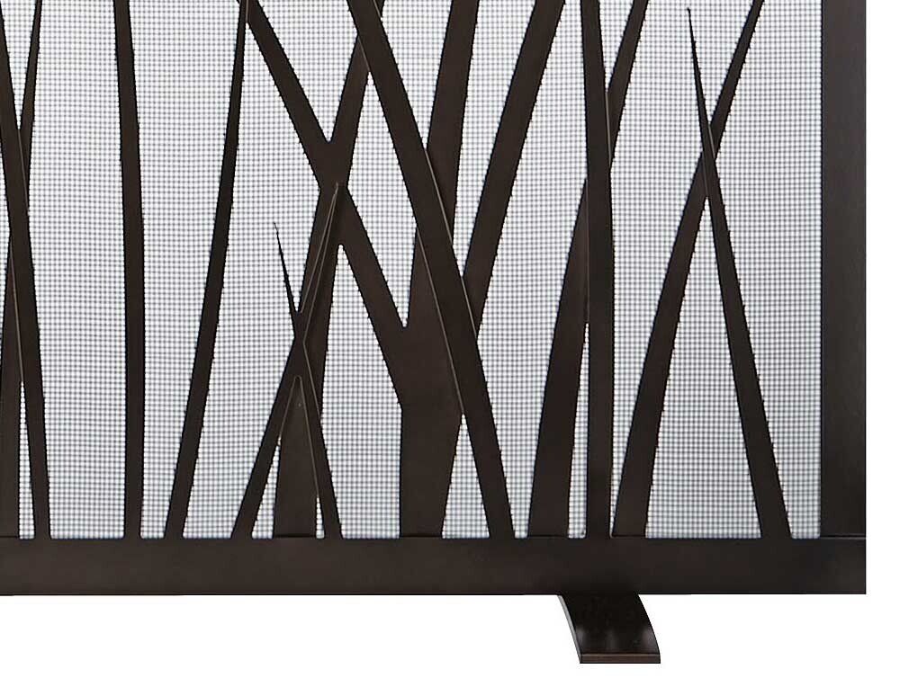 Bronze metal fireplace screen with overlapping, vertical bars on mesh backing.