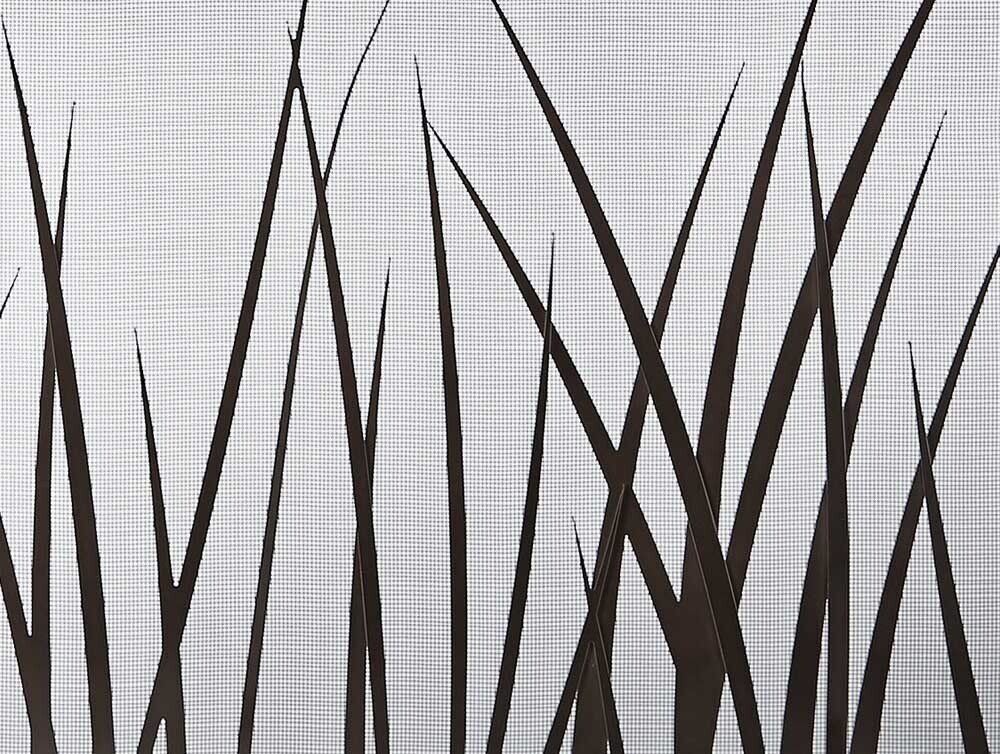 Dark blades of grass against a white mesh background.