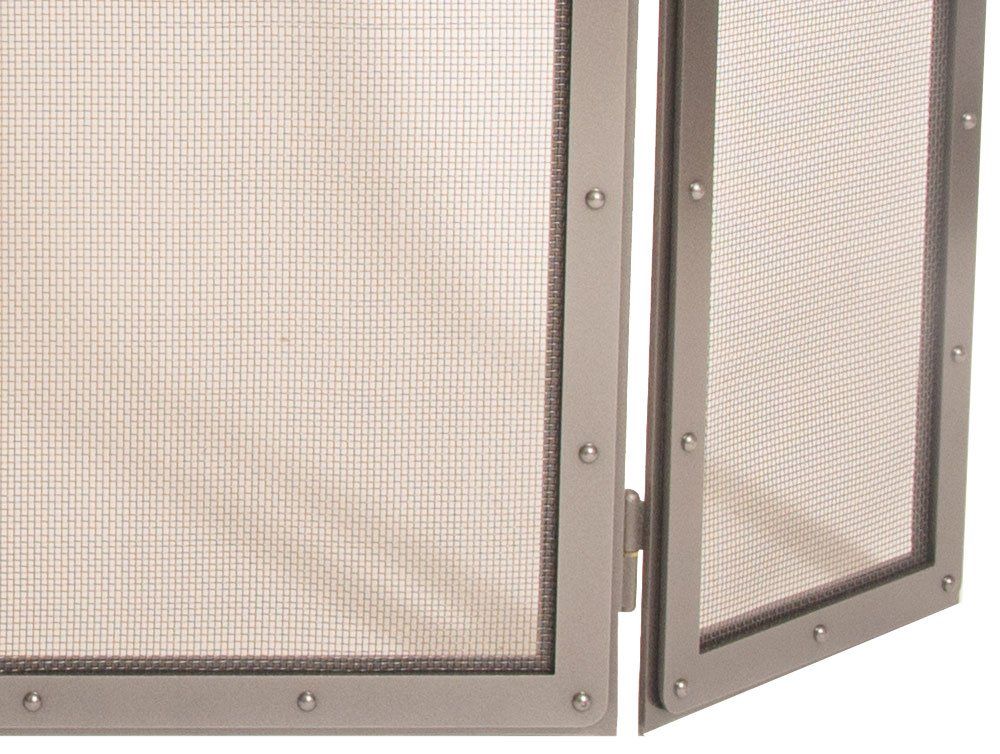 Fireplace screen with metal frame and mesh panels, one panel open.