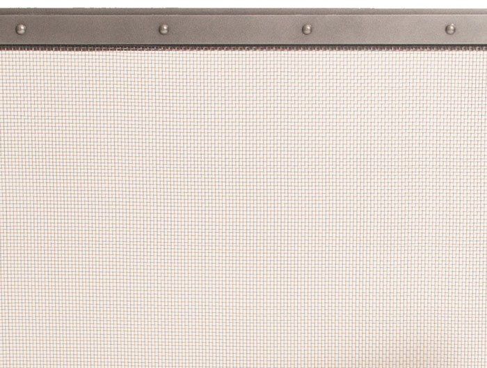 Metal-framed screen with small, evenly spaced mesh; rivets secure the frame to the top edge of the screen.