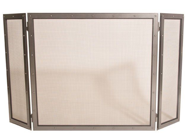 Triptych fireplace screen; metal frame with mesh panels.