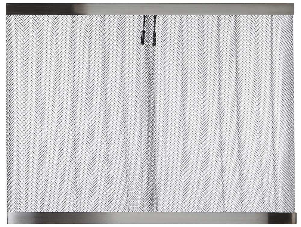 Metal mesh fireplace screen with a silver frame.
