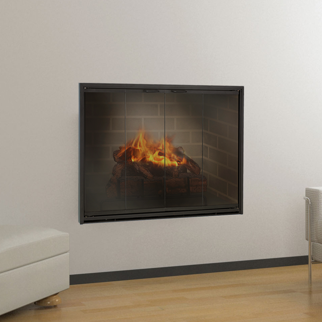 Fireplace with burning logs behind glass doors, set in a white wall above a wooden floor.
