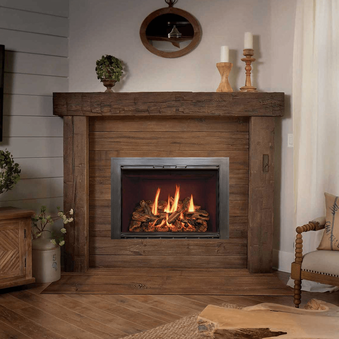 Fireplace with flames, rustic wood mantel, and surrounding decor.