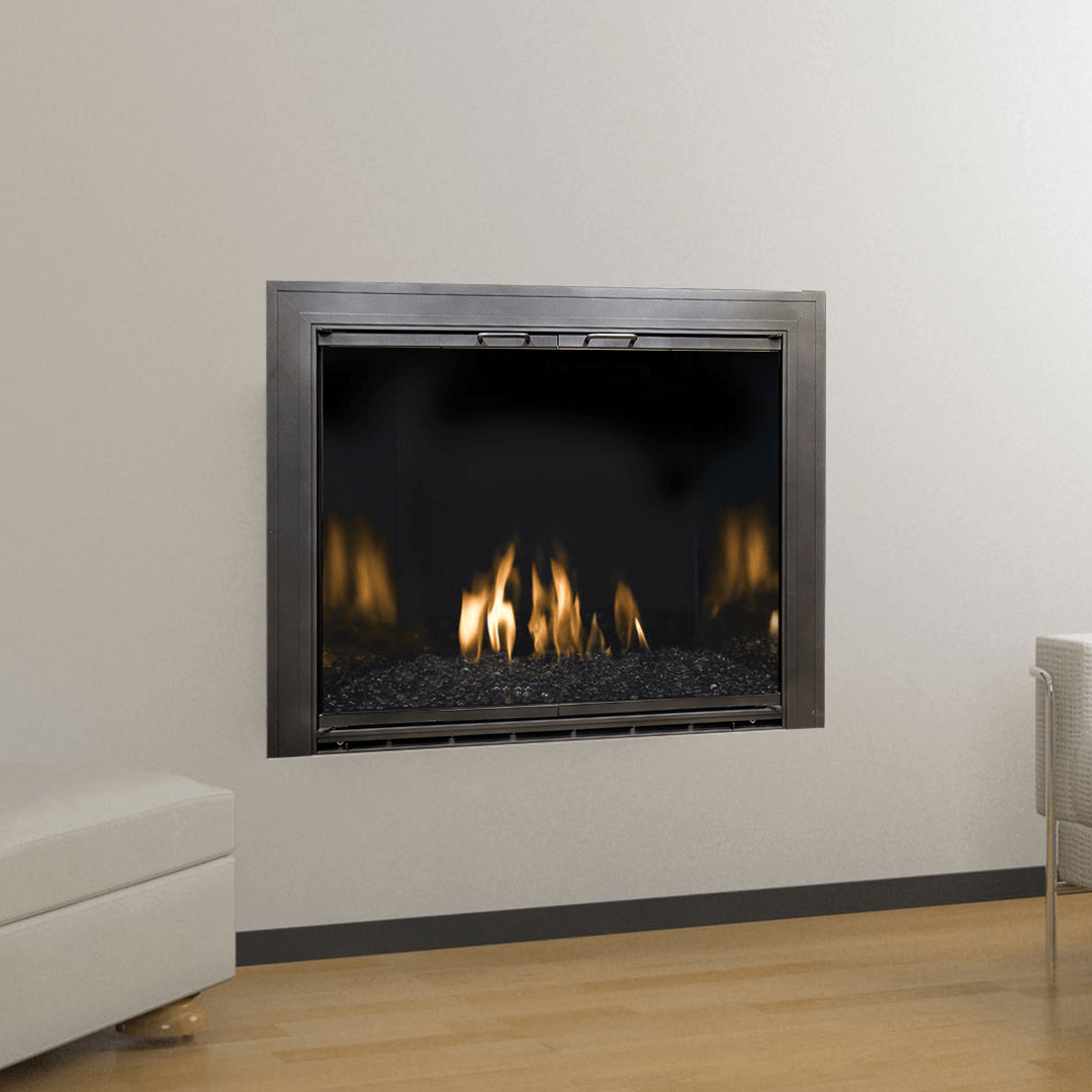 Fireplace inset in white wall with flames and dark trim.