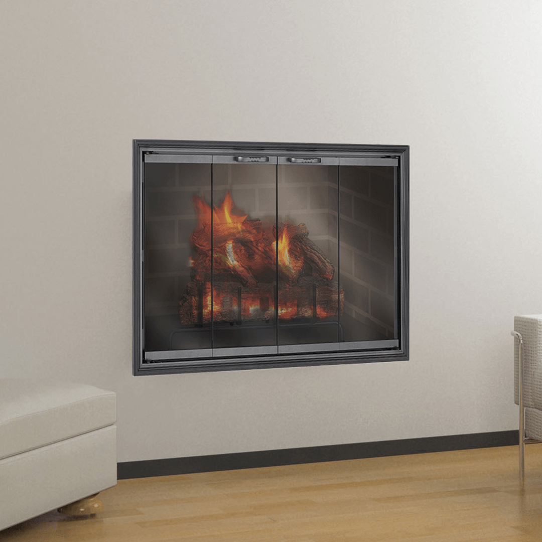 Fireplace with burning flames behind glass doors, set into a white wall.