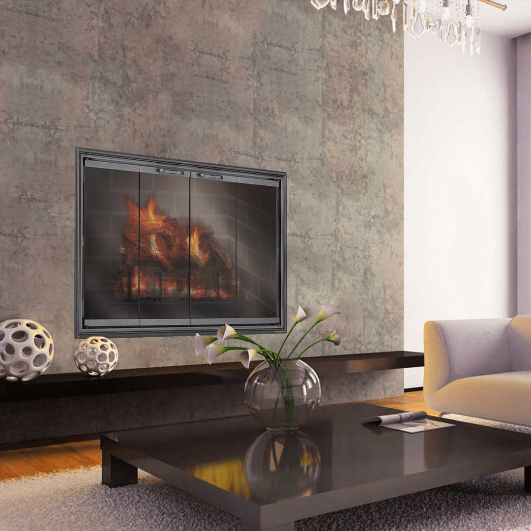 Fireplace with glass doors in modern living room setting.