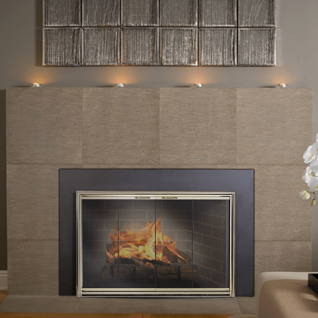 Fireplace with burning logs, gray stone surround, and decorative artwork above.