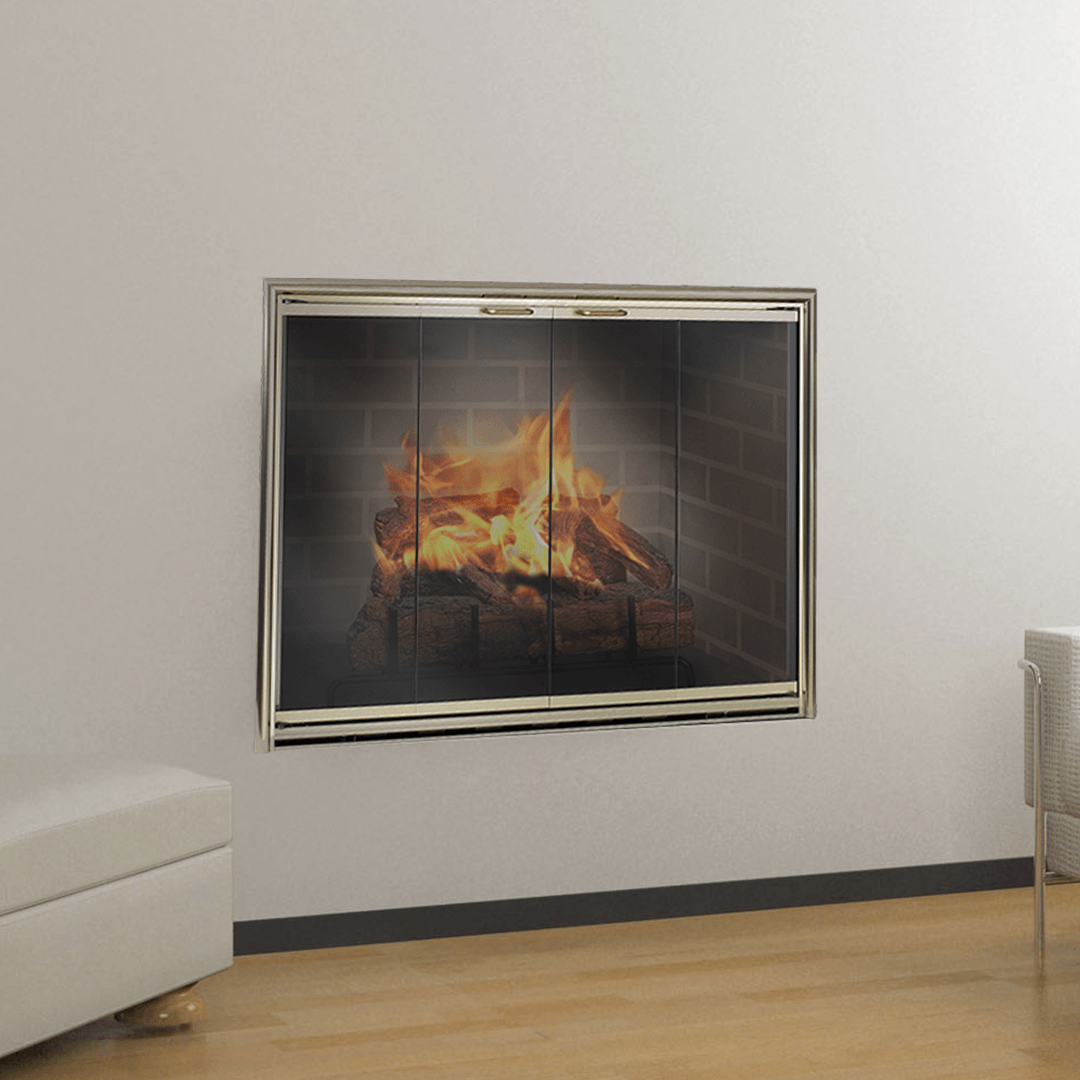 Fireplace with flames behind glass doors, on a white wall, in a room with a wood floor.