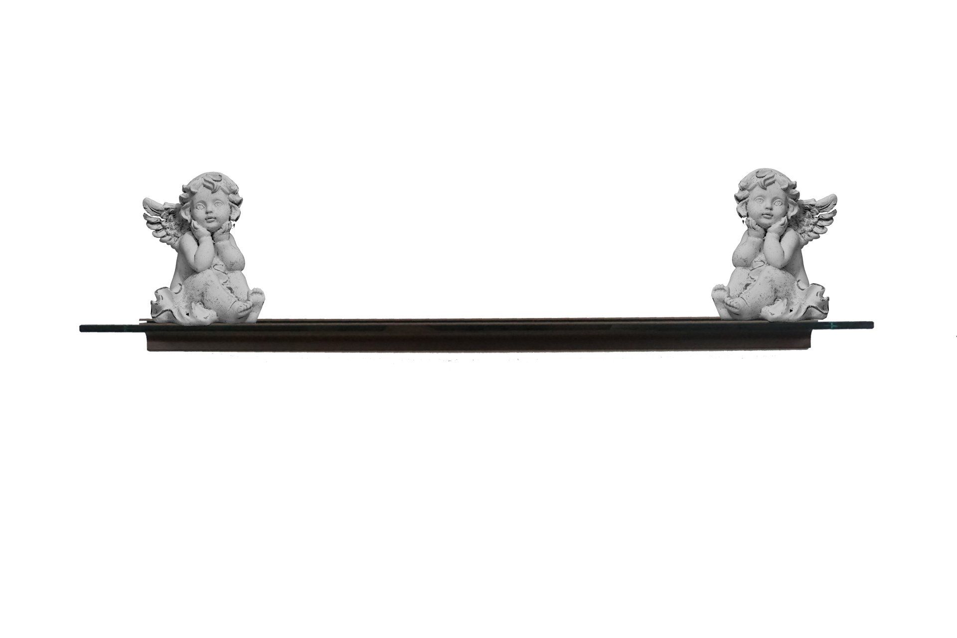 Two cherub statues sit on a shelf, with a white background.