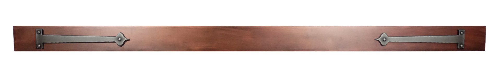 A long, brown wooden board with a silver sword handle on each end.