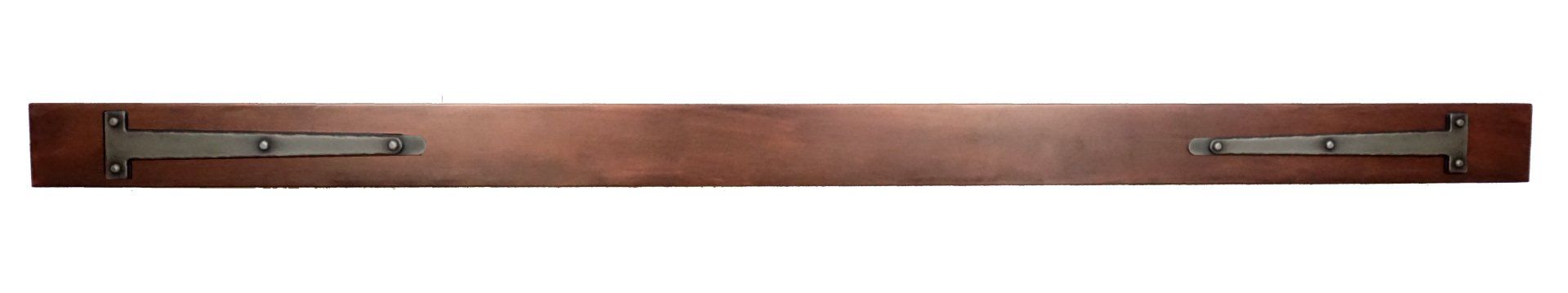 Brown wooden board with two metal brackets.