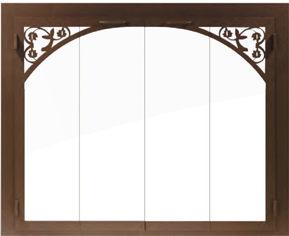 Brown fireplace screen with arched top and ornate corner details; four glass panels.