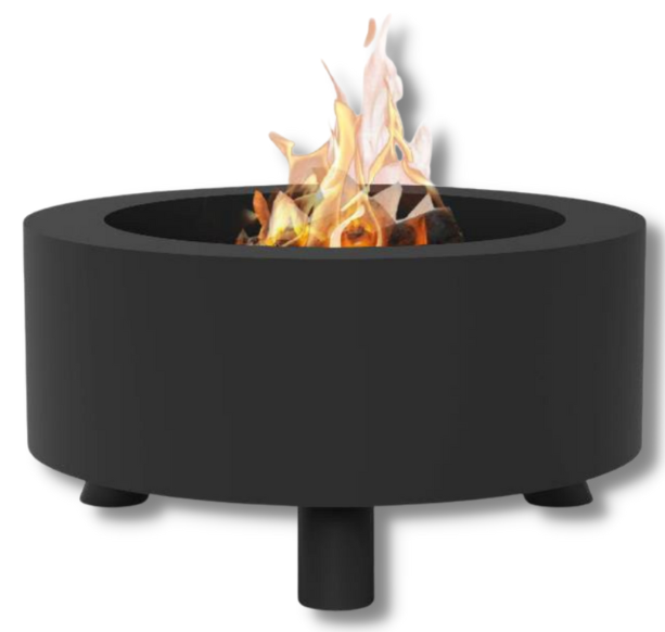 Black, circular fire pit with flames burning in the center, set on short black legs.