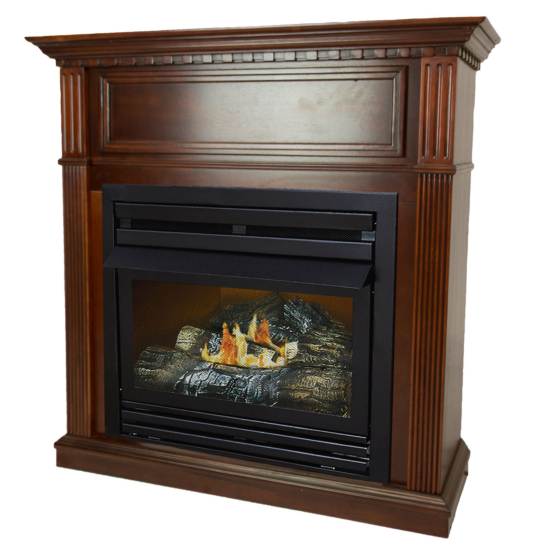Brown electric fireplace with simulated flames.