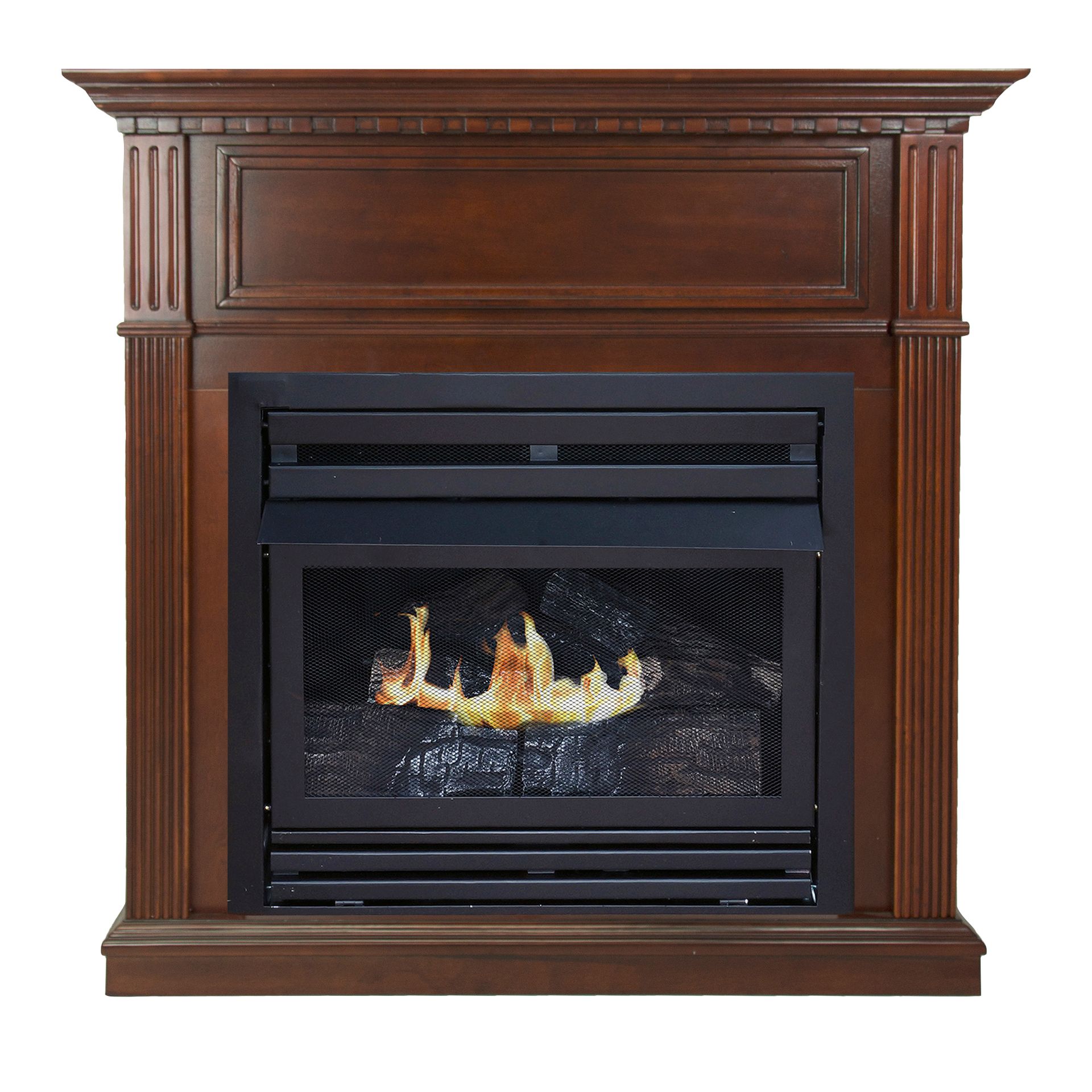 Brown electric fireplace with a simulated flame.