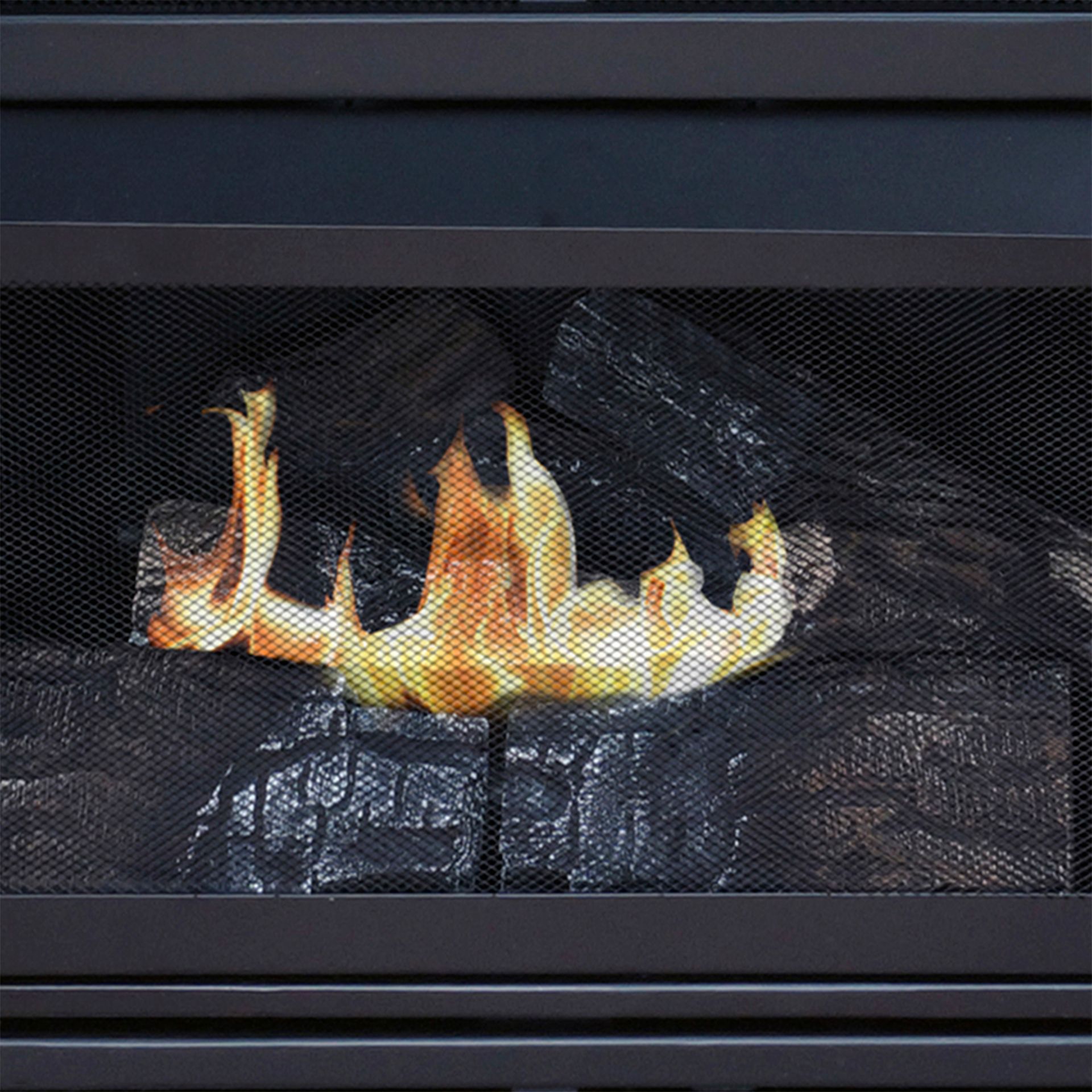Fireplace with flickering flames and artificial logs behind a mesh screen.