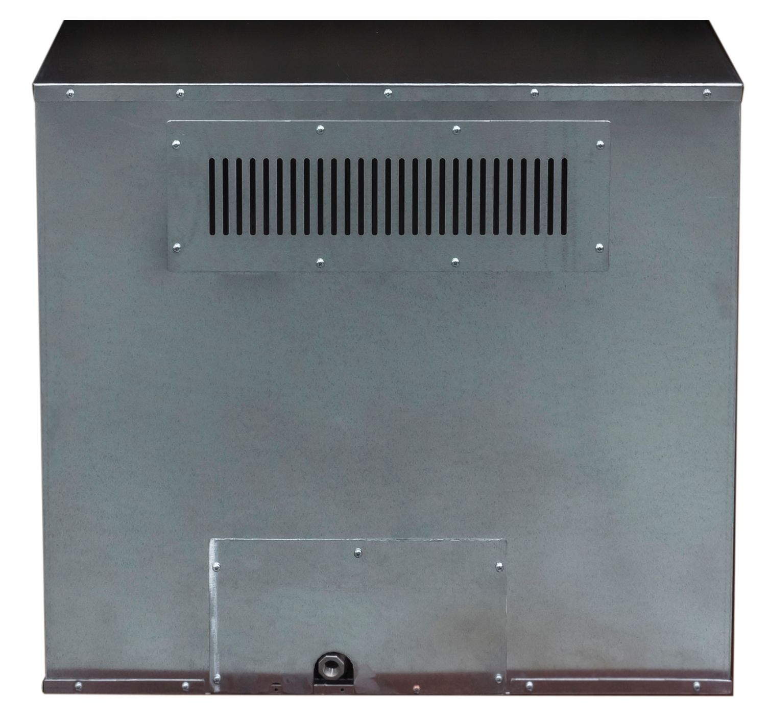 Gray metal electrical enclosure with a vent and access panel.