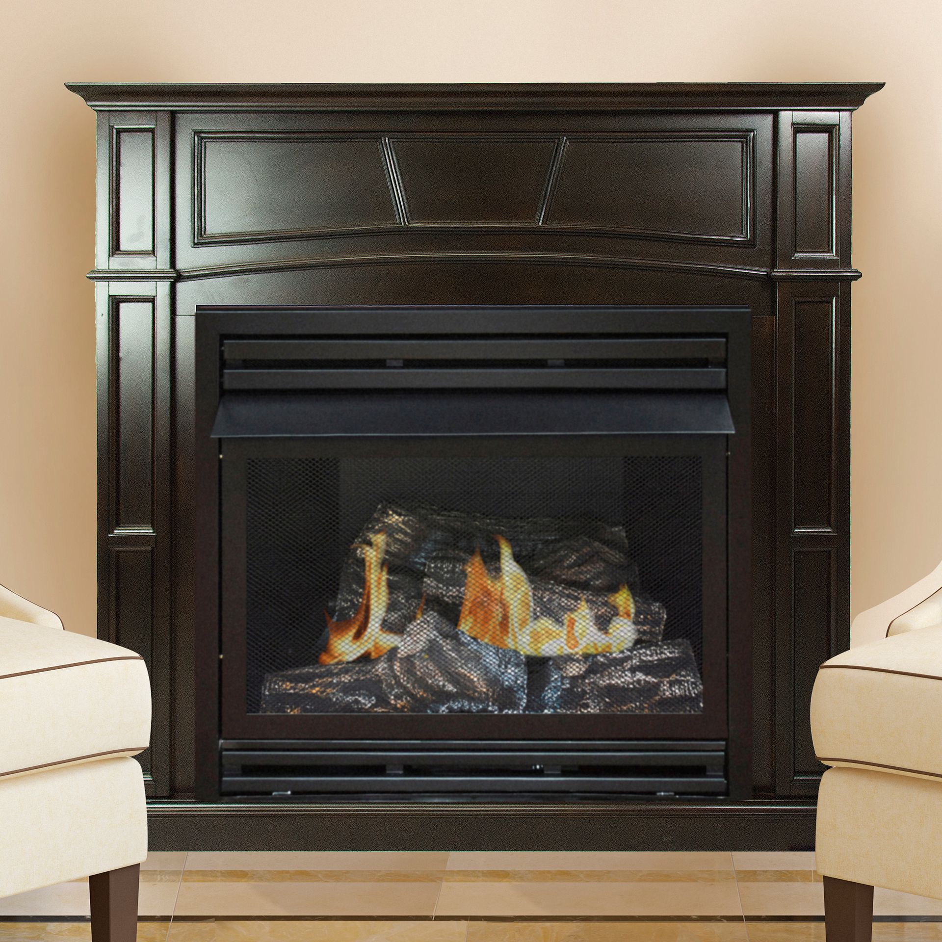 Dark brown fireplace with a burning fire, framed by a matching mantel, two chairs visible on either side.