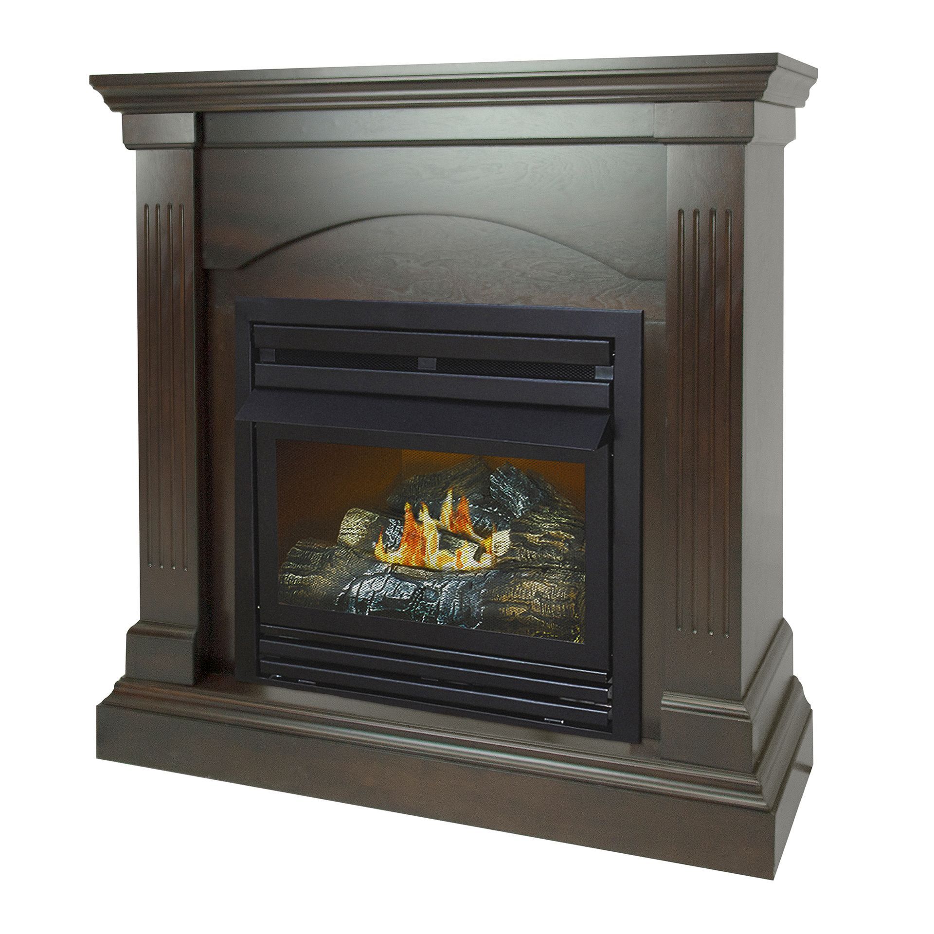Dark wooden electric fireplace with faux flames.