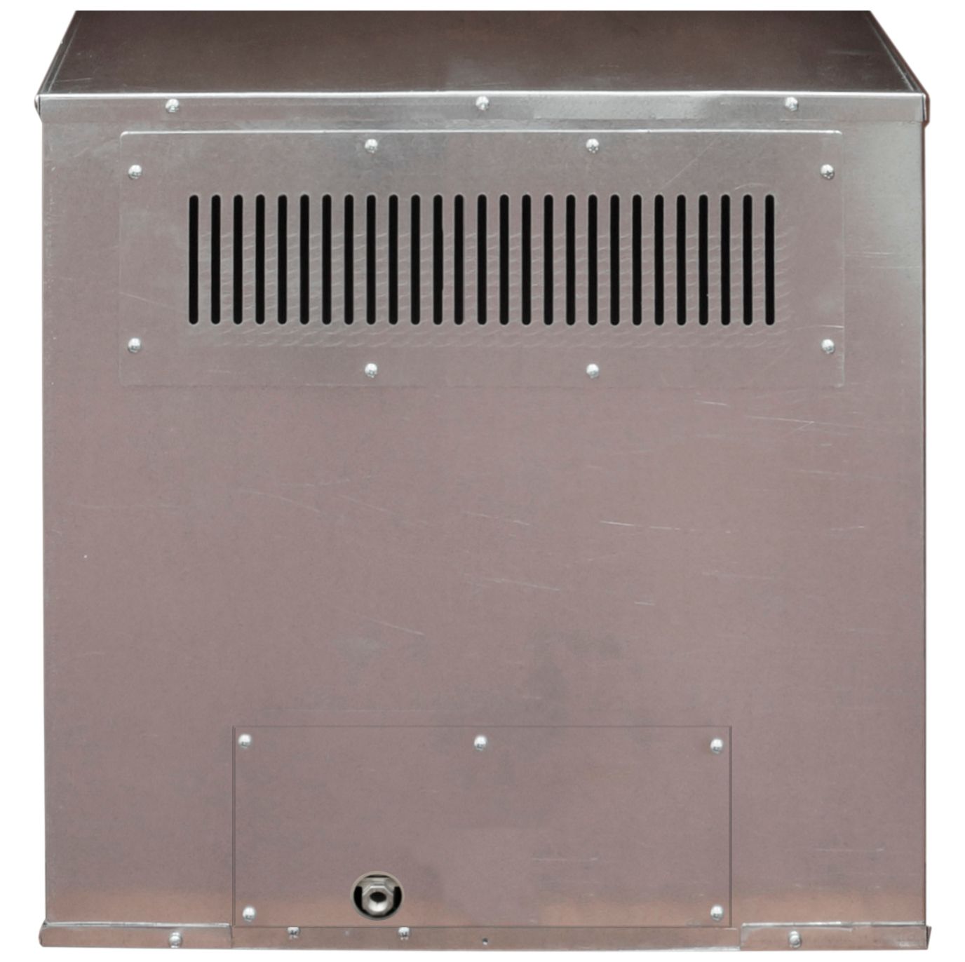 Back of a large, silver metal appliance with ventilation slats, rivets, and a lower access panel.