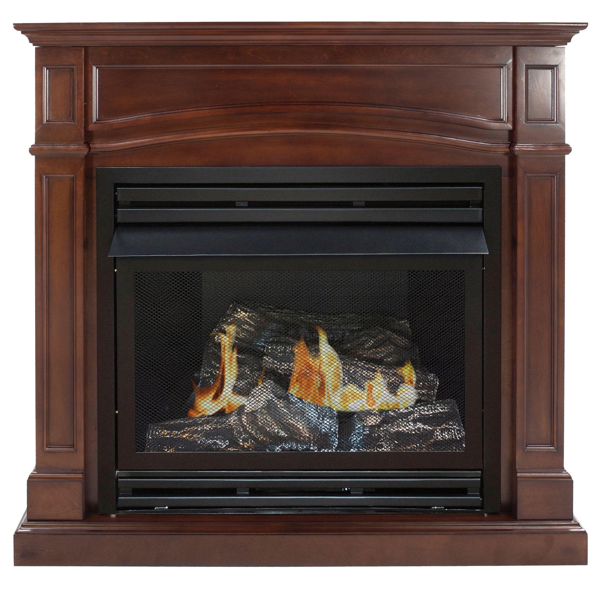 Dark wood fireplace with a black screen and simulated flames.