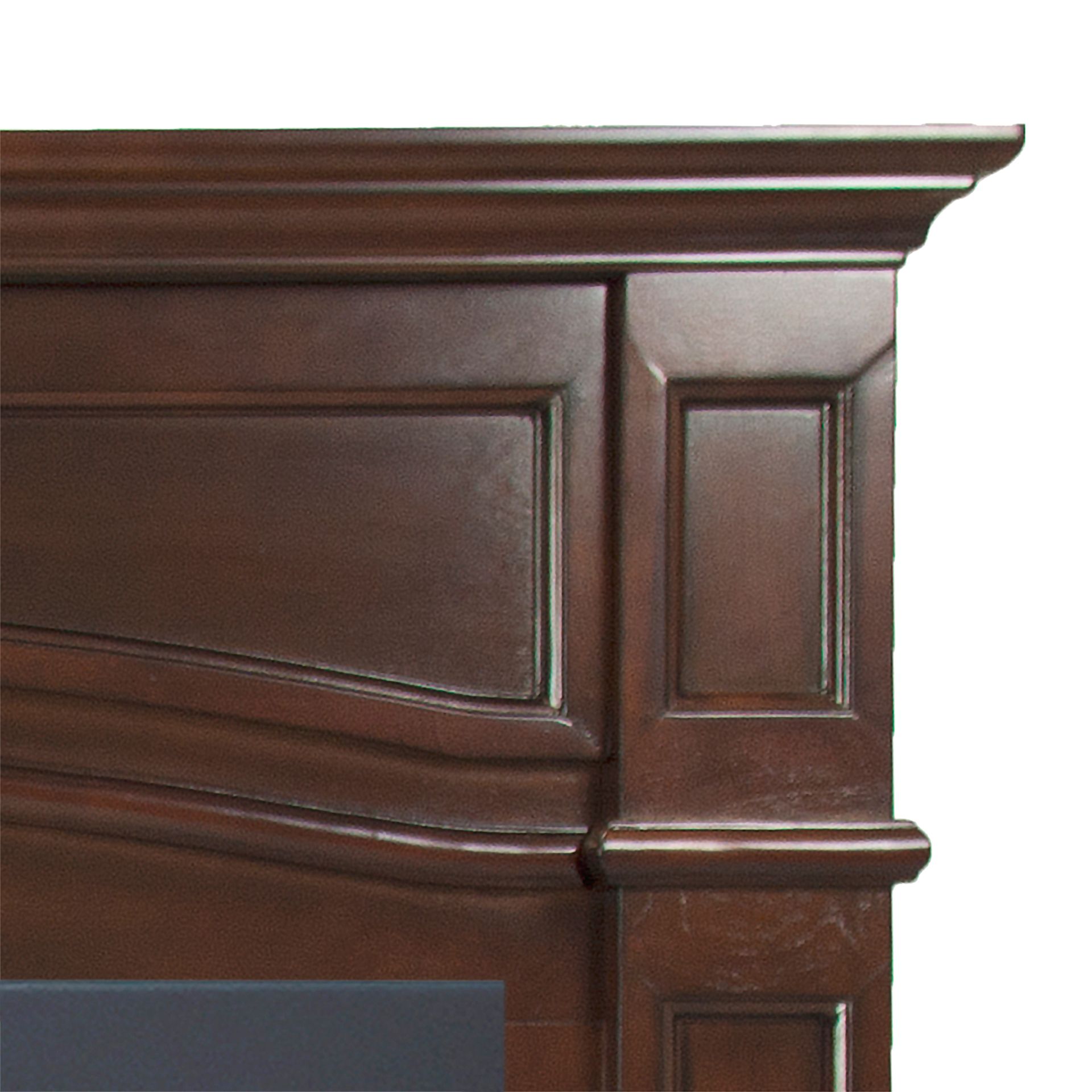 Dark brown wooden fireplace mantel with ornate molding.