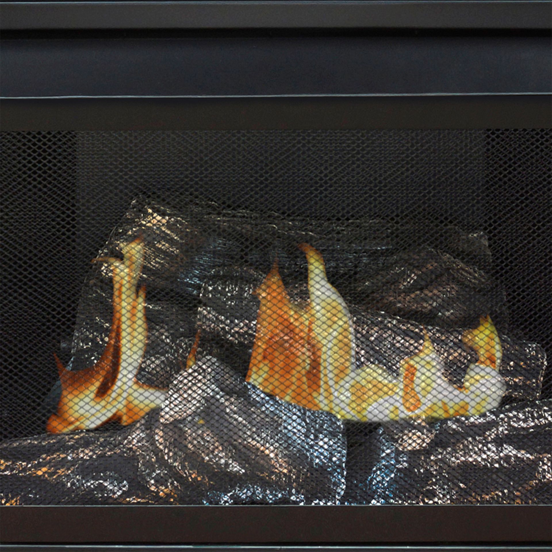 Electric fireplace with mesh screen, simulated flames and logs.