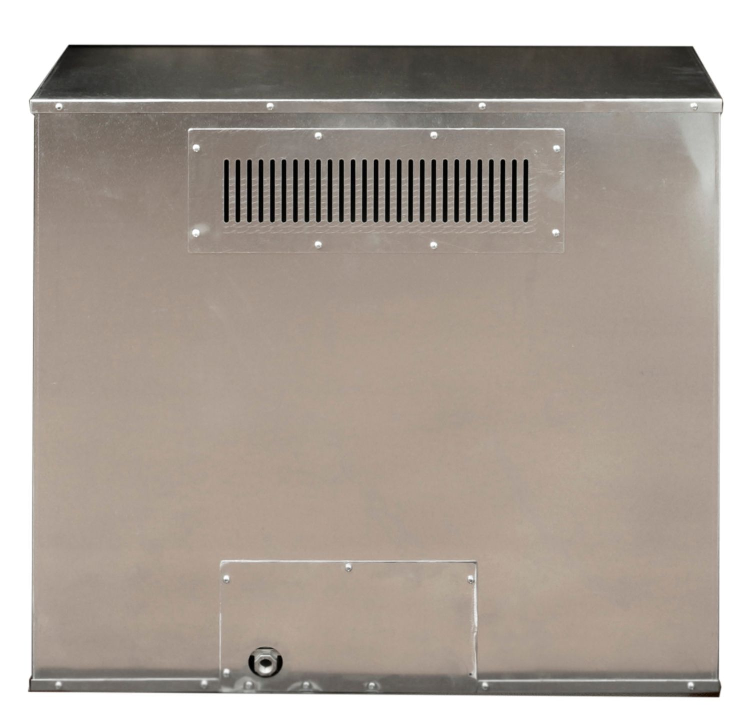 Silver metal box with vent and small access panel.