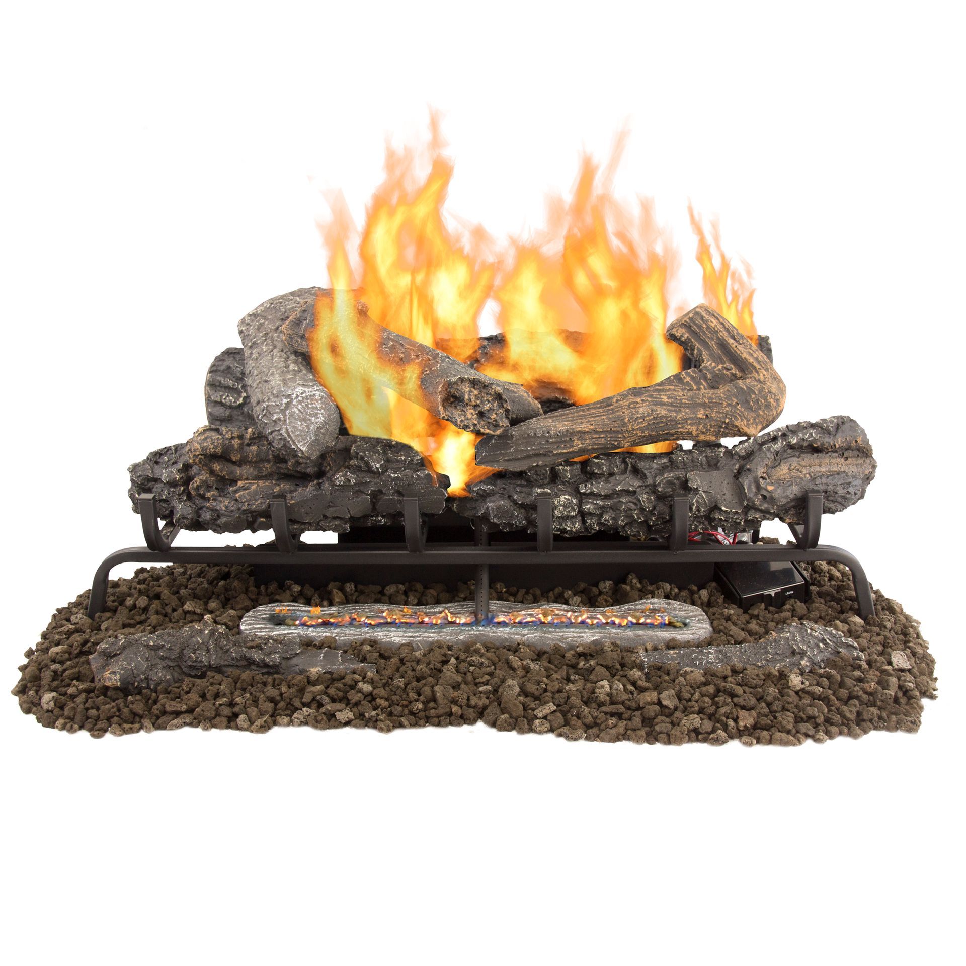 Gas fireplace with faux logs and flames, set on a bed of lava rocks.