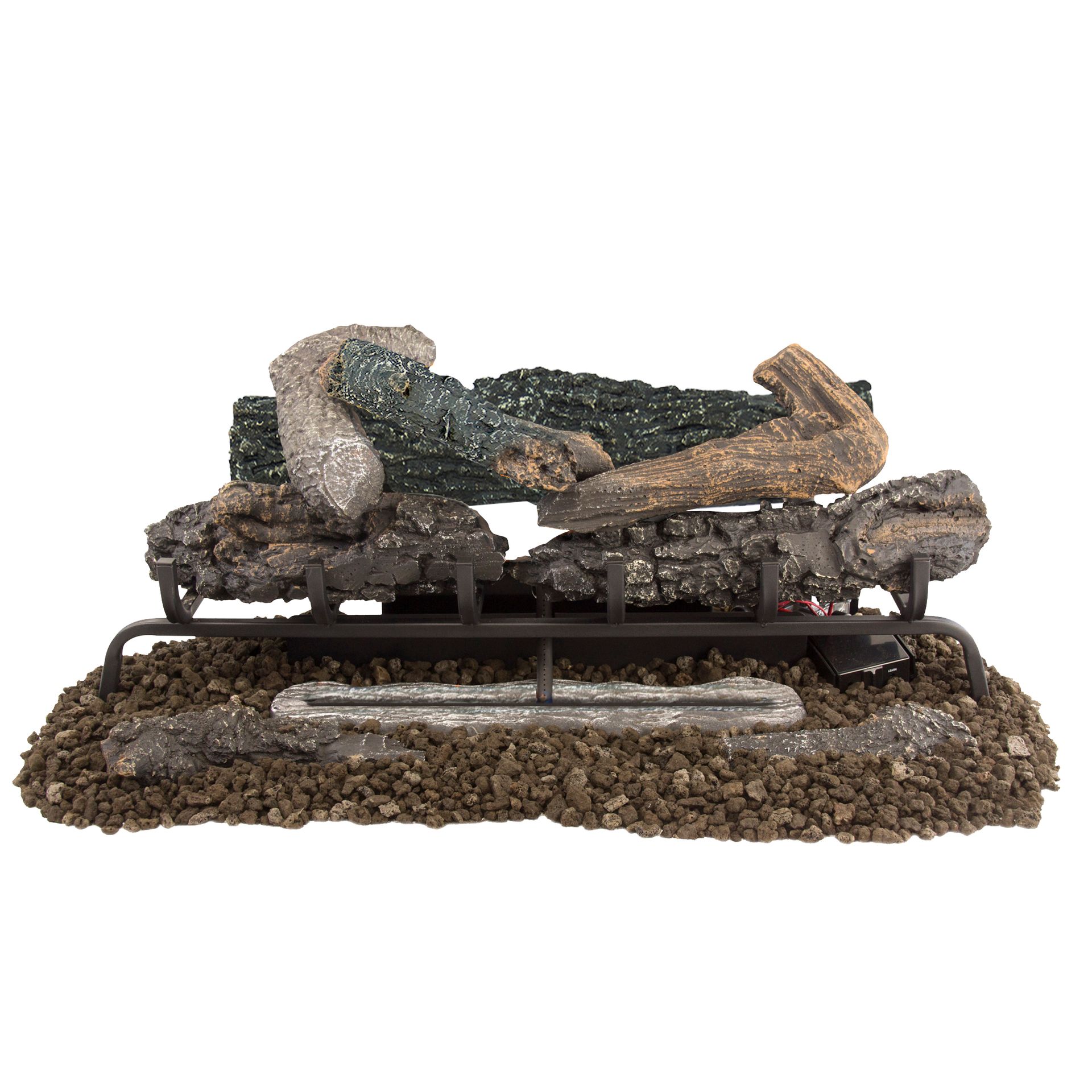 Gas fireplace logs on a metal grate, surrounded by brown lava rock.