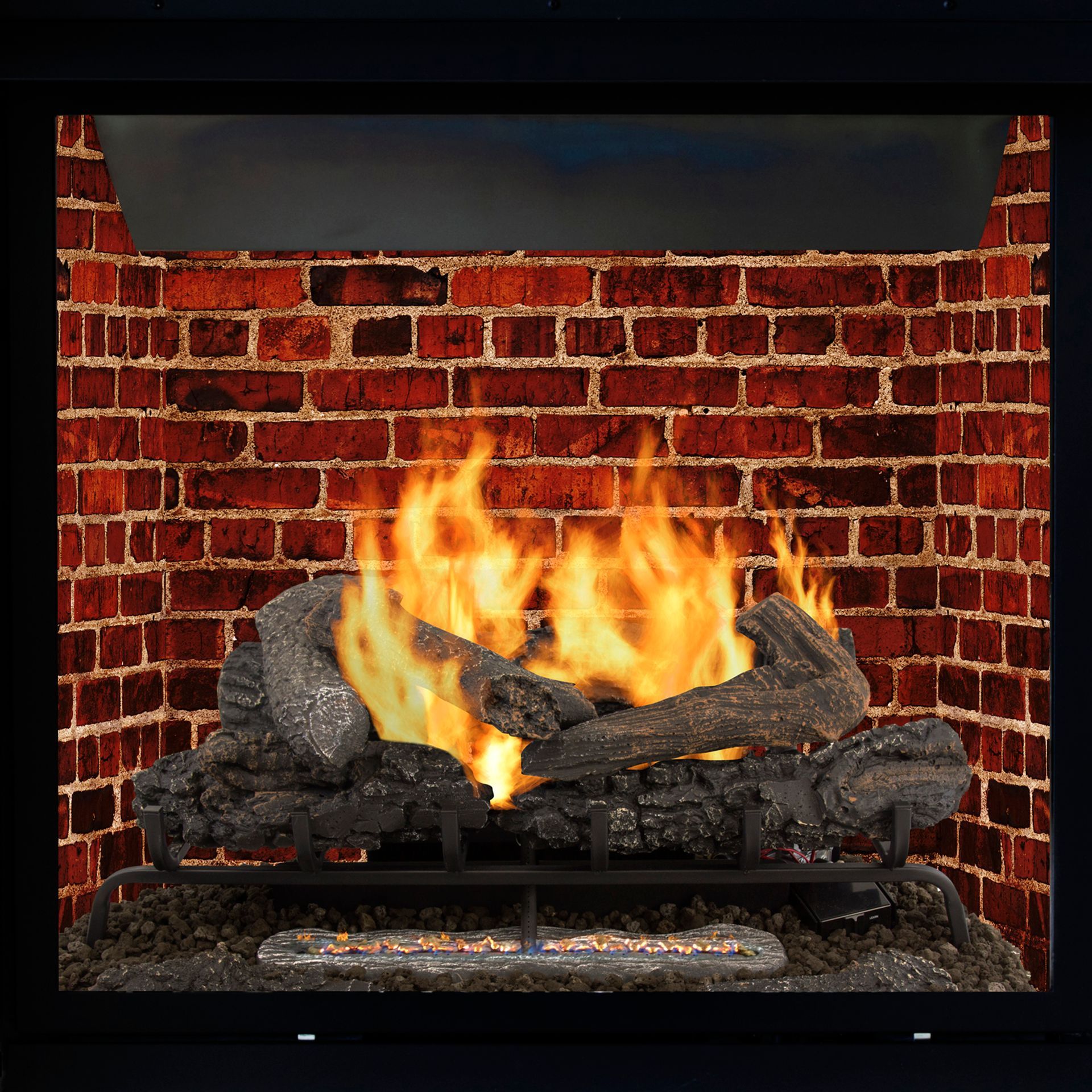 Fireplace with burning logs, red brick background, black frame.
