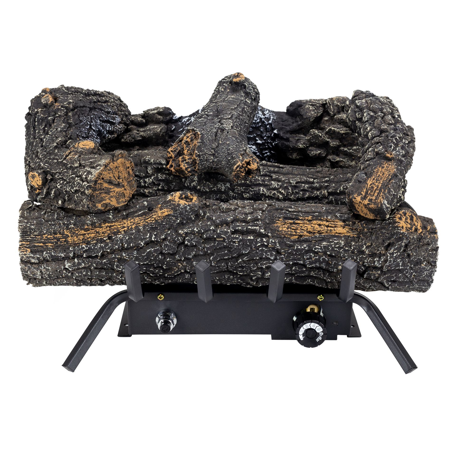 Gas fireplace logs on a black stand with knobs. The logs are brown and black with golden accents.